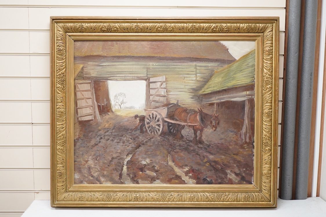 Hugh Verrell, Work horse and cart before a barn, signed, oil on canvas, 60 x 75cm